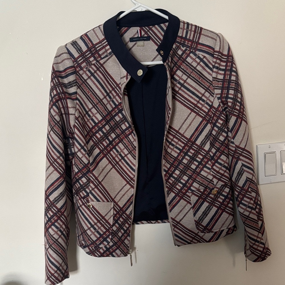 Tommy Hilfiger Women's Plaid Bomber Jacket - Red and Navy